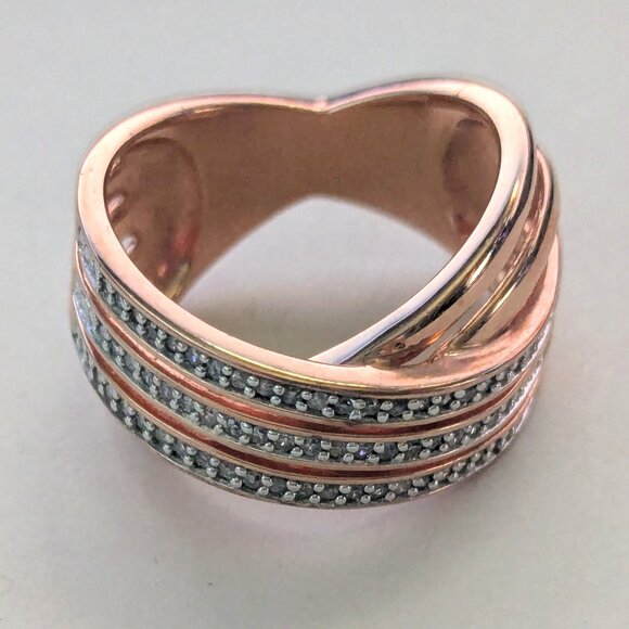 SUN 925 Sterling Gold Vermeil Diamond Chip? Crisscross Ring Size 7 - Picture 1 of 7